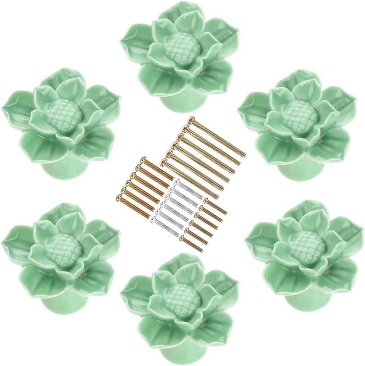 6x Keramische Bloem Kastknoppen Vintage Keukendeurknoppen voor Lades en Meubels - Groen