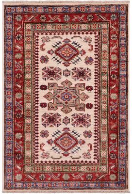 Treasured Knots Rustic Super Kazak Solomon Beige/Red Hand Knotted Wool Rug - 2'0'' x 2'11''