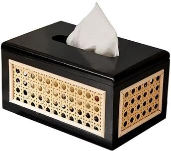 USA Free Shipping Shop Rustic Wooden Tissue Box With Rattan Lid Wide Opening Napkin Holder For Kitchen Bathroom & Dining Table black