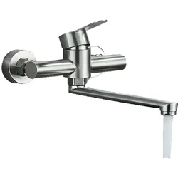 KLARWERK® MAX | Gastronomie Mischbatterie Wandmontage Armatur Silber | Küchenarmatur Edelstahl lang und flach | Wasserhahn Restaurant Wand Auslauf