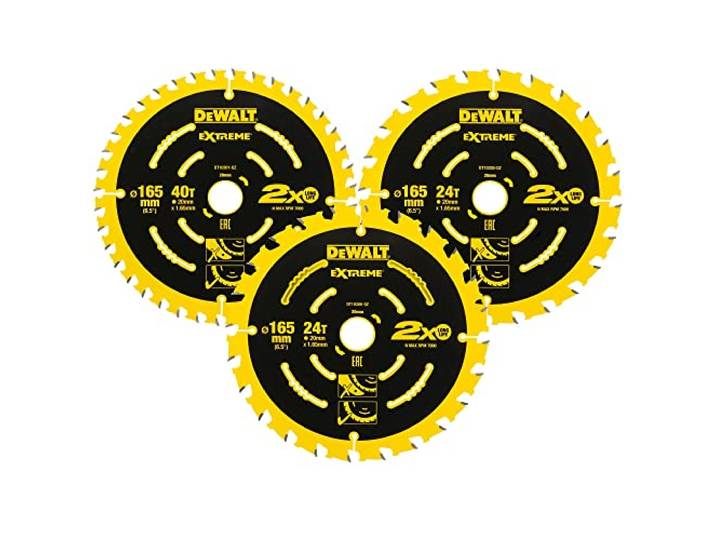 DEWALT ELITE Jeu de lames de scie circulaire\, lot de 3\, 165mm\, DT10397-QZ Lot de 3 lames de scie circulaire avec carbure résistant aux chocs pour coupes nettes et durée de vie prolongée.