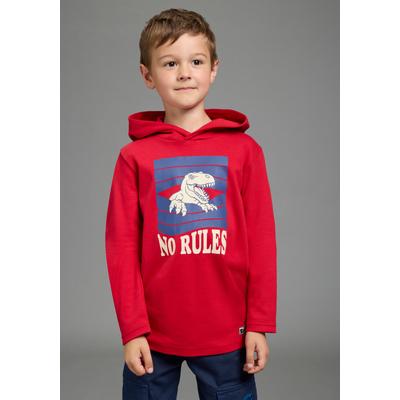 Kapuzenshirt SCOUT "Kapuzenshirt mit coolem Dino-Druck - NEU von SCOUT", Jungen, Gr. 128/134, rot, Interlock, Obermaterial: 100% Baumwolle, Basic, Rundhals, Shirts Kapuzenshirt, Shirt mit Spruch: NO RULES, langarm, modischer Stil