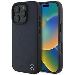 Mercedes MEHMP16X23RBGVV iPhone 16 Pro Max 6.9" granatowy/navy hardcase MB Wood Imitation Leather Ma (Apple iPhone 16 Pro Max), Smartphone Hülle, Blau