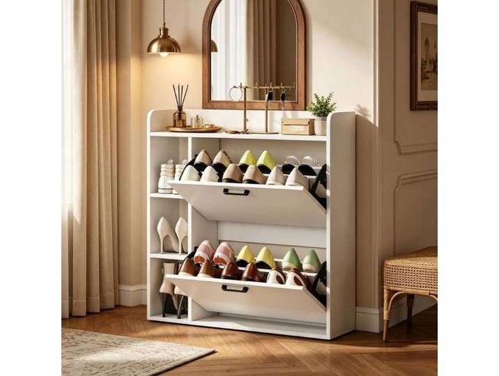 MEUBLIV Meuble à chaussures blanc à 2 abattants 15 paires format peu profond 24 cm