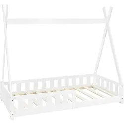 ML-Design Kinderbett Tipi 80 × 160 cm Weiß mit Rausfallschutz & Lattenrost – Kiefer massiv, Hausbett mit Zaun, Bodenbett/Spielbett