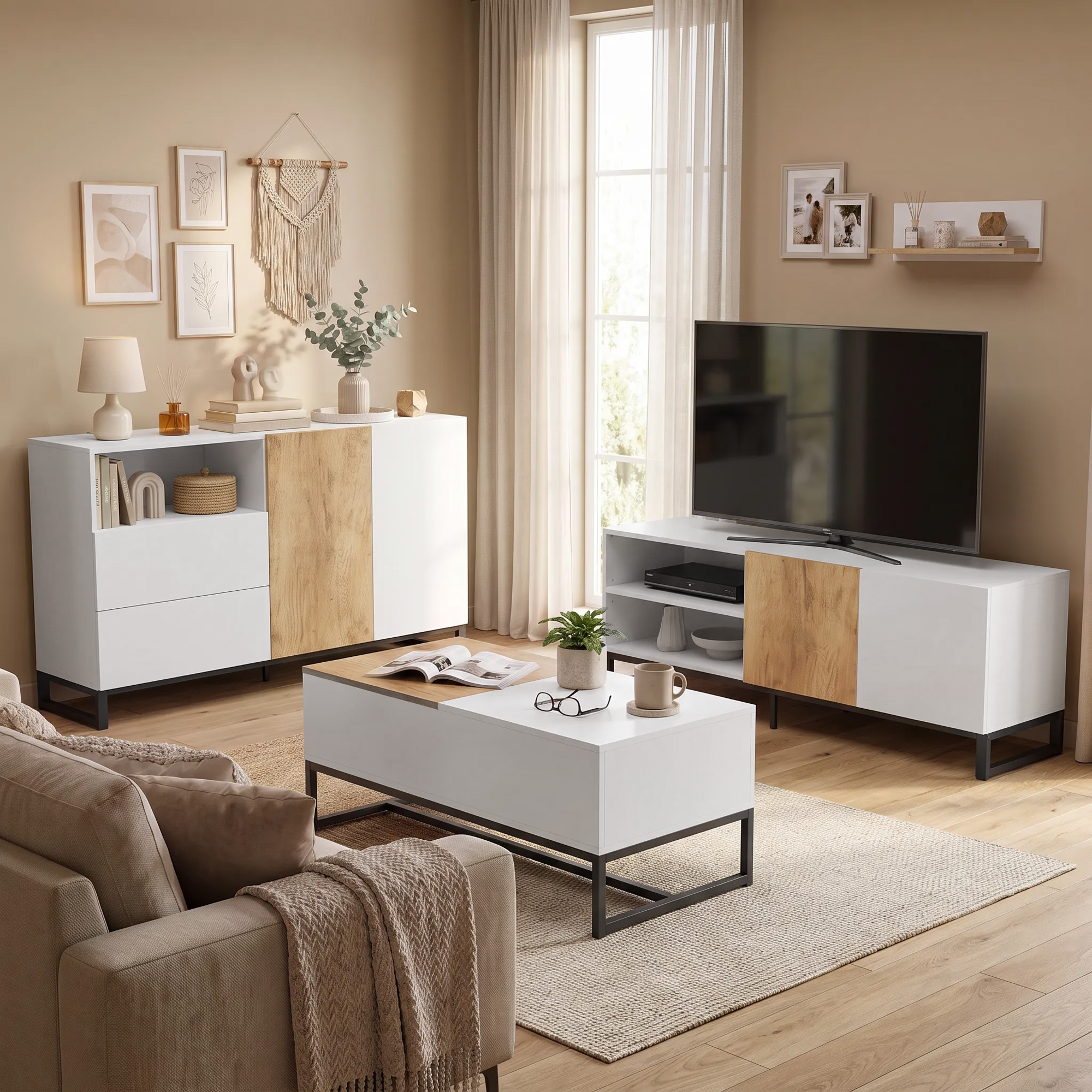 Homcom Madia credenza moderna con ripiano aperto, 140 cm, bianco e rovere   Aosom Italy