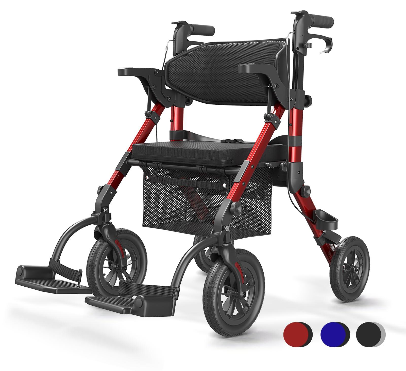 Rollator 2-in-1 - Klappbar - Aluminium - Rot - Mit Sitzfläche