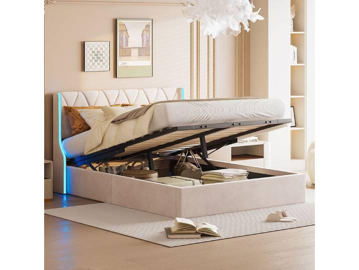 Lit coffre 160x200 cadre de lit avec sommier lit double lit adulte LED réglable velours beige