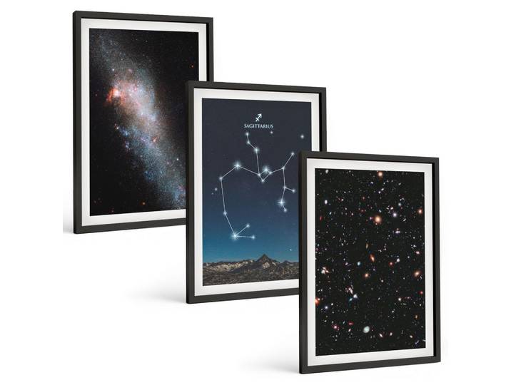 BILDER SET 3er Set - 40x60 cm Schwarzer Rahmen - Galaxien, Sternbilder, Weltraum, Schütze