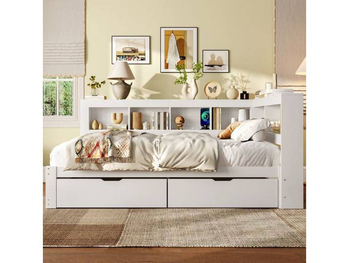 Lit Banquette 140x200 cm Canapé Lit Blanc avec Tiroirs et Prises USB