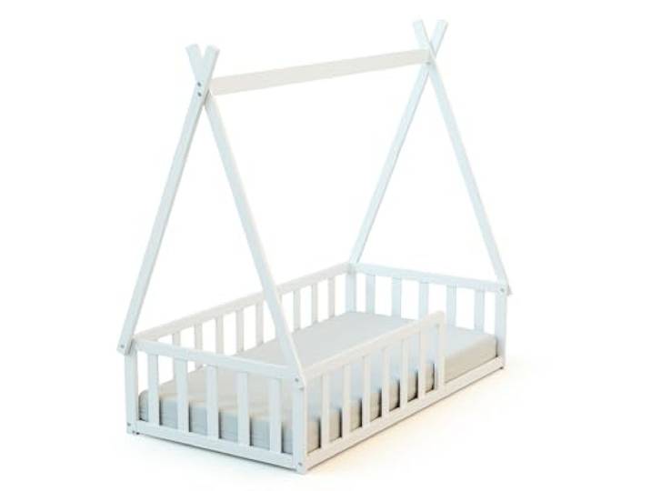 Webaby - Holzbodenbett 70 x 140 cm Weiß Gitterbett mit Lattenrost inklusive Schlafkomfort Autonomie MassivHolz Cabane