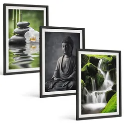 BILDER SET 3er Set - 40x60 cm Schwarzer Rahmen - Entspannende Zen-Wassermalerei