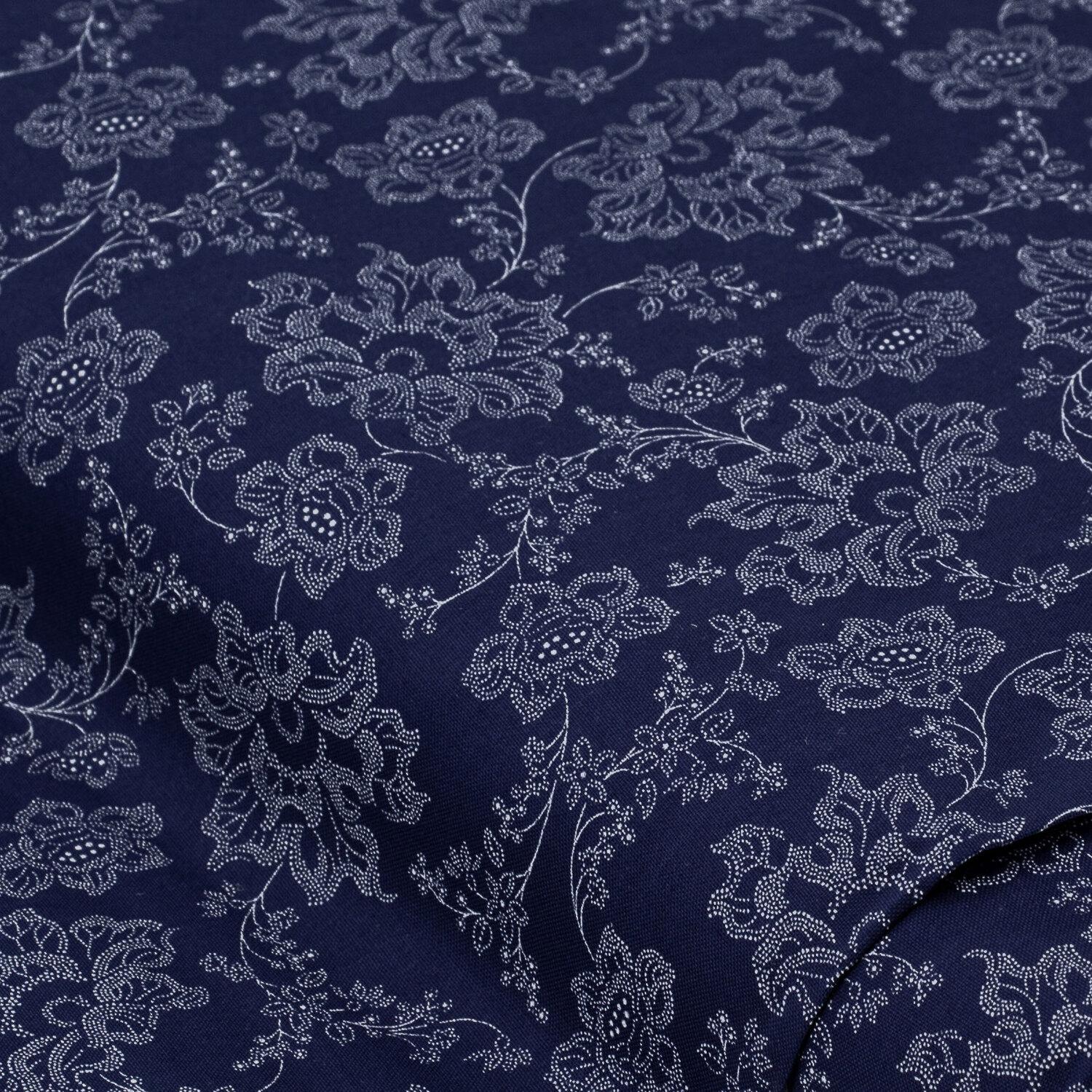 Baumwoll-Trachtenstoff "Blumenranken", blau/weiß