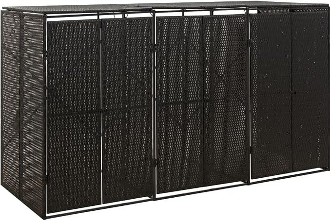 Mülltonnenbox für 3 Tonnen Schwarz 207x80x117 cm Poly Rattan mit pulverbeschichtetem Stahlrahmen abschließbar für Garten Terrasse Hof wetterfest und stabil