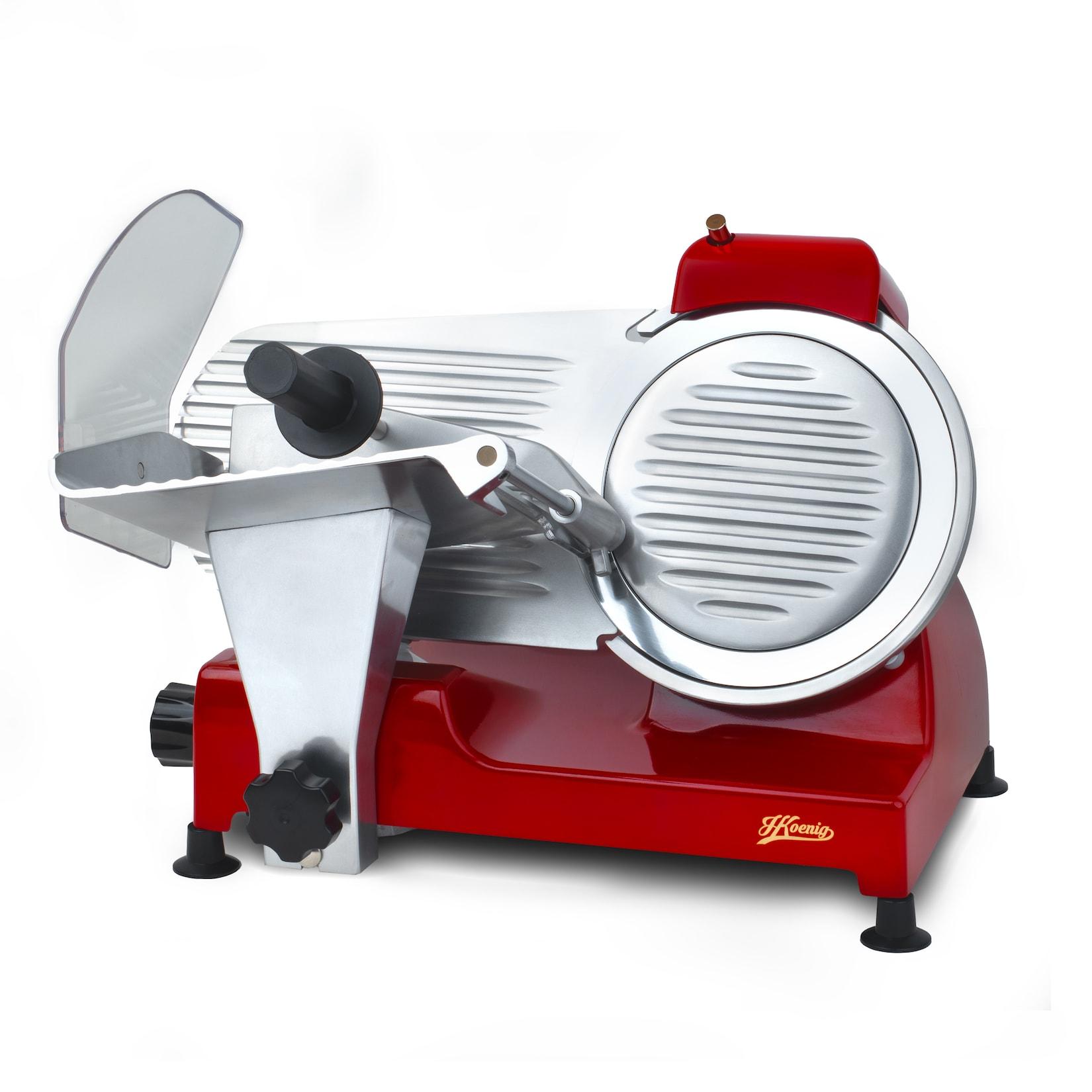 H.Koenig Elektrischer Alleschneider MSX224, Wurstwaren, professionell, Schnitt 0-12 mm, italienische Klinge 20 cm, eingebauter Schärfer, 282 rpm, Rot