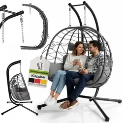 Juskys Doppelhängesessel Aria - Polyrattan Hängesessel mit Gestell & Kissen - 2 Personen - Grau