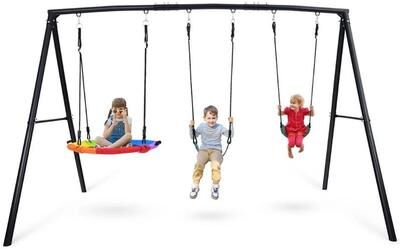Hapfan Heavy-Duty Metal Swing Set with 32-Inch Saucer Swing, 2 Adjustable Belt Swings, Weather-Resistant Steel A-Frame, 500lb Capacity