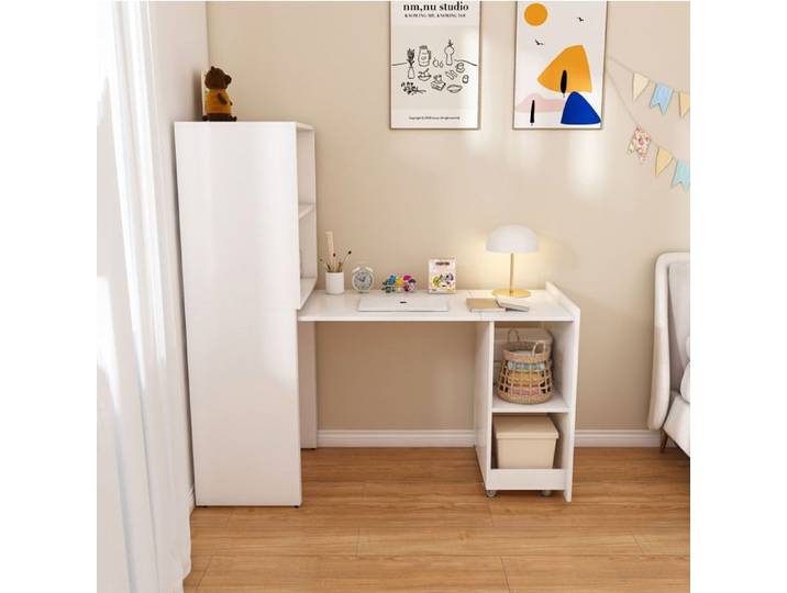 ULEVR Bureau escamotable 2-en-1 blanc avec meuble de rangement tablette coulissante étagères réglables MDF