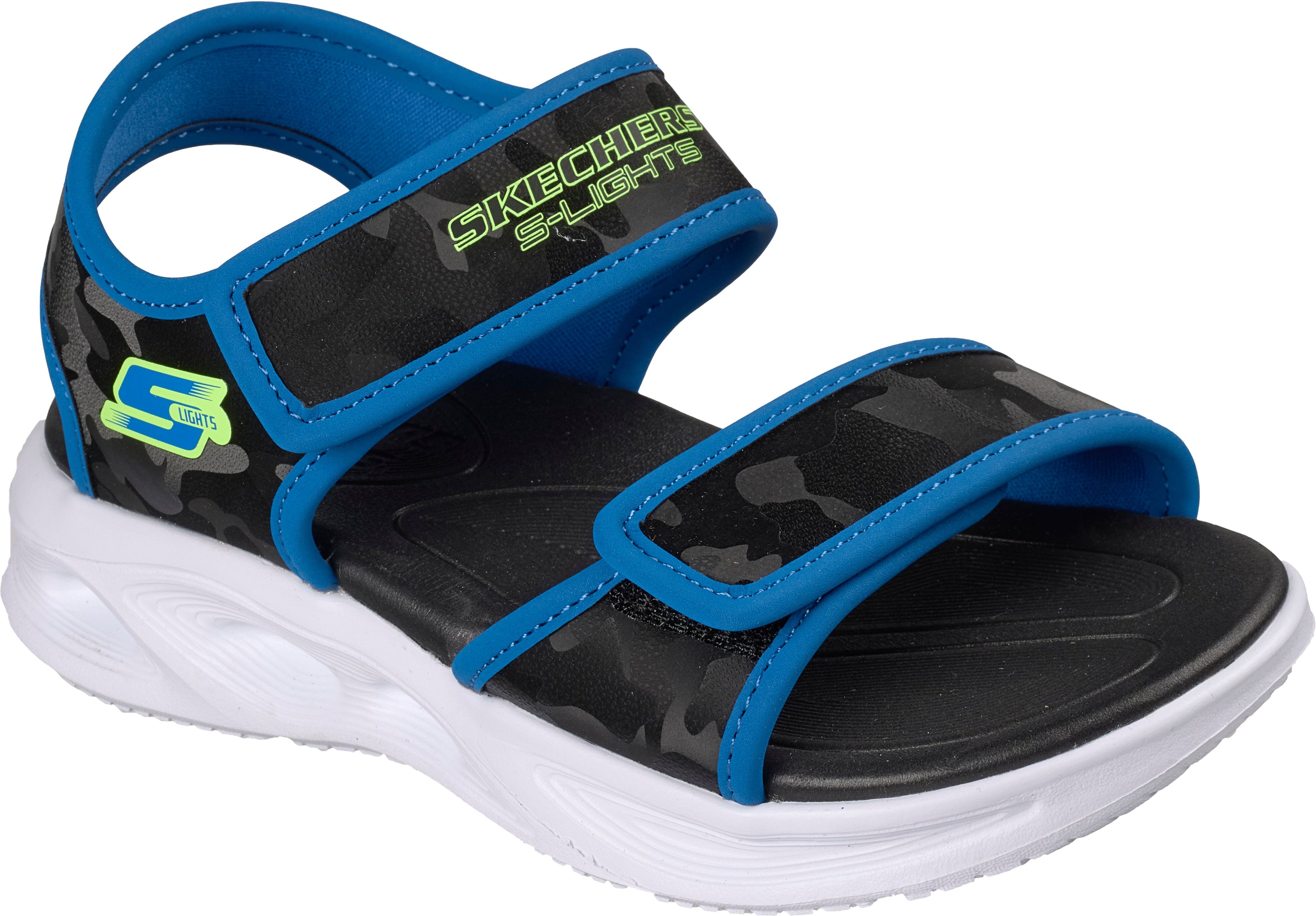 Sandale SKECHERS "Sola Glow Sandal", Jungen, Gr. 34, Textil, blau (schwarz, blau), Lederimitat, Textil, tarnfarben, Schuhe Sandale, Sommerschuh mit Klettverschluss, Größenschablone zum Download