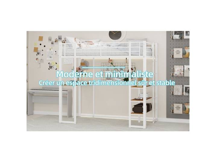 VUENOR lit mezzanine 90x190 cm blanc – avec bureau et rangements sans matelas