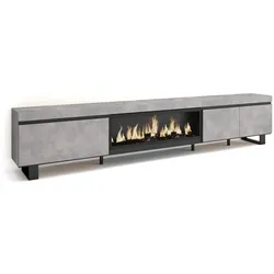 SKRAUT HOME Wohnzimmer-TV-Schrank, Großes Platzangebot, 288x35x57cm, großformatiger Fernseher, elektrischer XXL-Kamin, Industriedesign, Farbe Zementgrau _ 496_55