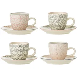 Bloomingville Cécile Espresso Cup, Rose, Steingut 4er-Set, Tasse Ø 6 x H 5,5cm, Teller Ø11,5 cm, 4er-Set