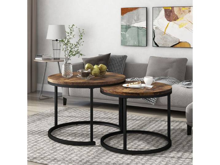 Table Basse Ronde Lot de 2 Empilable en MDF Aspect Bois et métal Marron Salon