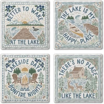 Thirstystone Lakeside Thoughts 4-Pack Tumbled Tile Stone Coasters Manufactured in The USA Absorbent Easily Wipes Clean