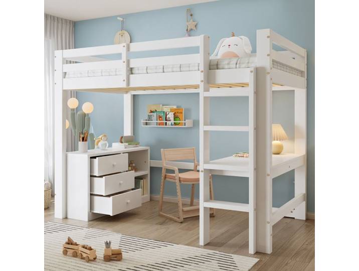 Lit mezzanine 90x200 cm lit mezzanine avec bureau caisson à tiroirs et étagère de rangement échelle à quatre marches blanc