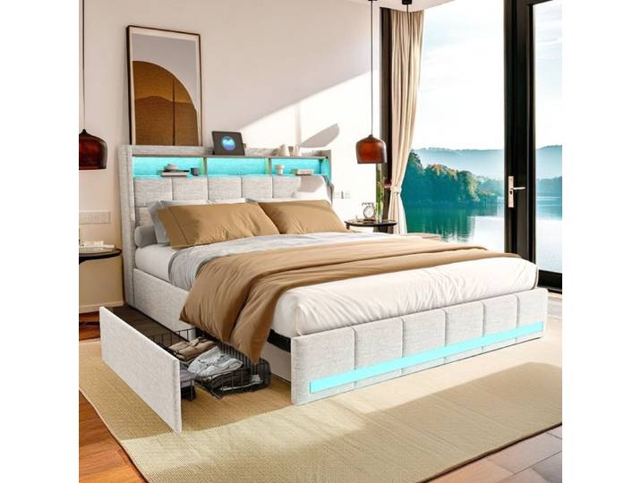 Lit 140x200 cm avec tiroirs lit double avec tiroirs chargement USB+Type C cadre de lit avec sommier à lattes lit adulte beige