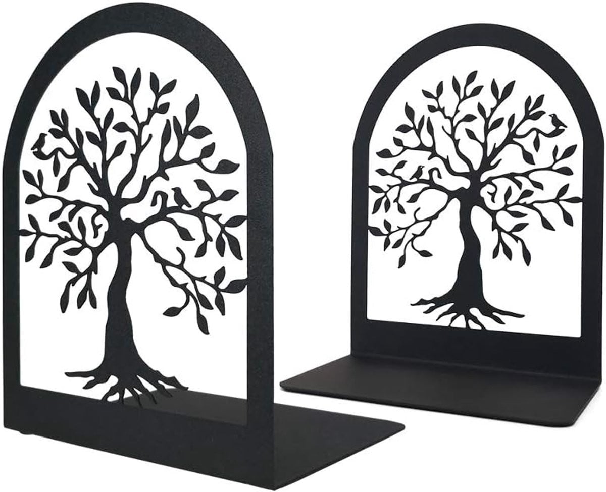 Levensboom decoratieve boekensteunen - 1 paar - Zware zwarte metalen boekensteunen