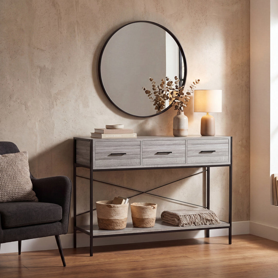 Borough Wharf Sylvie 3 Drawer Console Table for Hallway, Industrial Style Living Room Furniture With Metal Legs Grey/Grey/Black