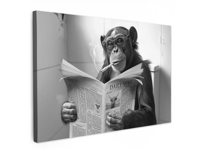 LEINWANDBILD Affe - WC - Zeitung - Schwarz-Weiß - Humor Wanddeko 90x60 cm