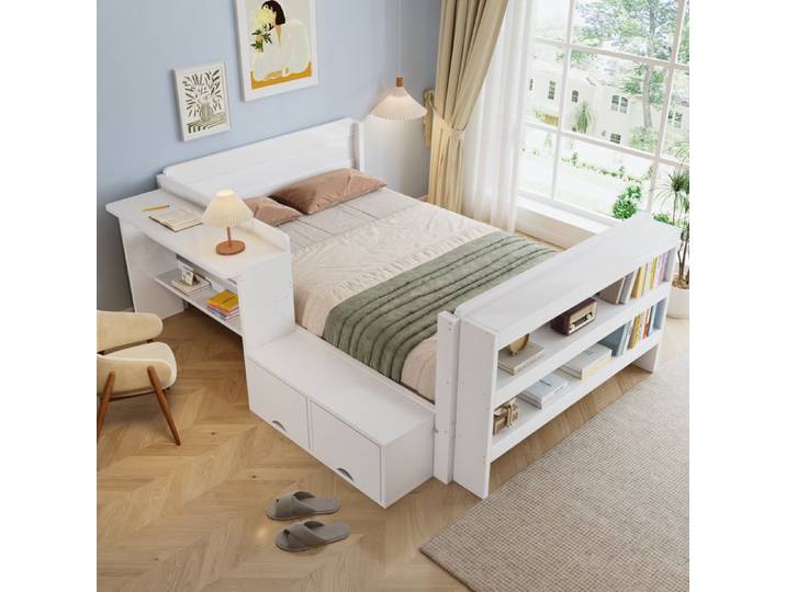 Lit enfant 120x200 cm avec bureau intégré et rangement module latéral réversible étagère ouverte bois blanc