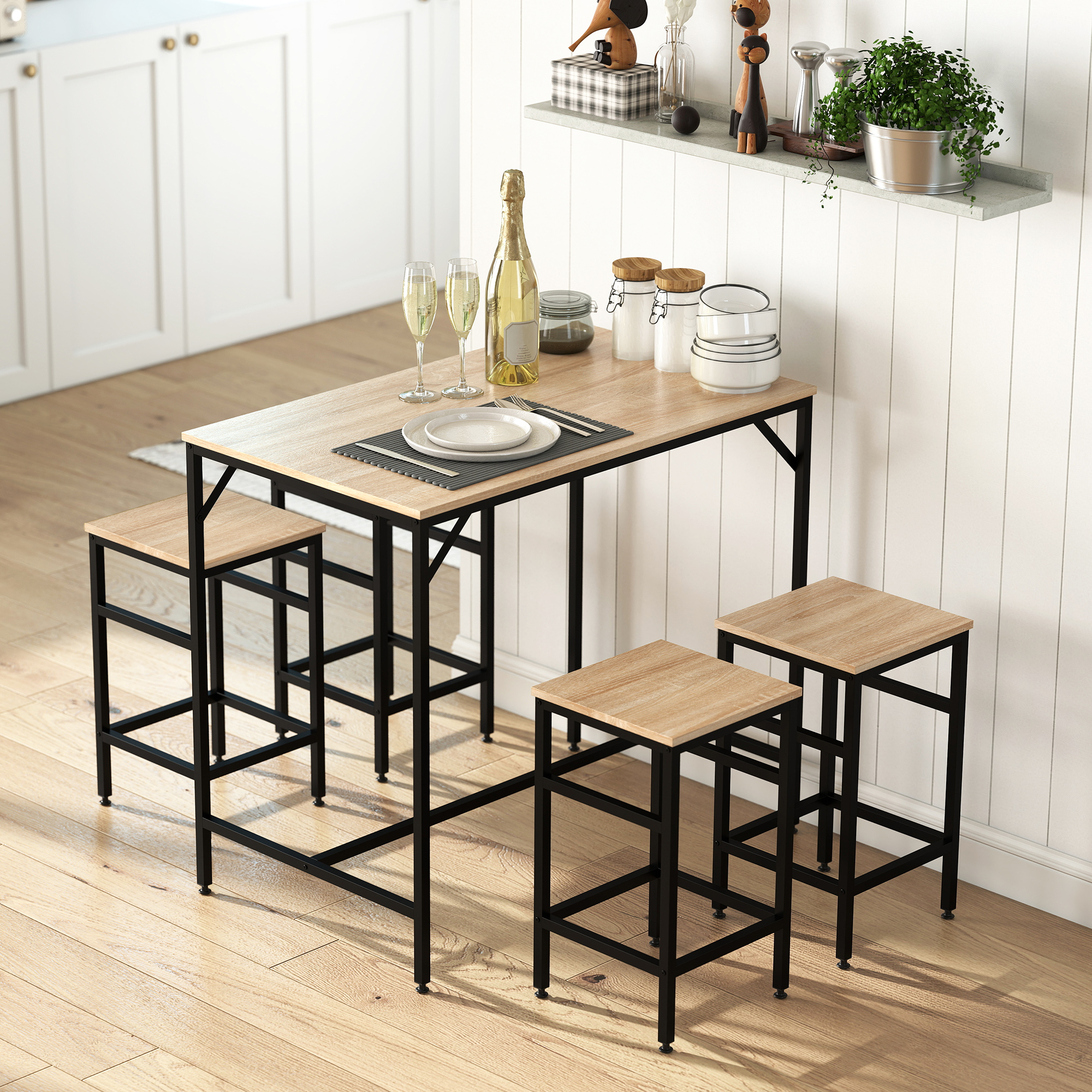 Homcom Set Tavolo Alto con 4 Sgabelli Stile Industriale in Metallo e Legno, Arredamento Moderno Soggiorno e Cucina, Marrone, Rovere Chiaro Aosom Italy