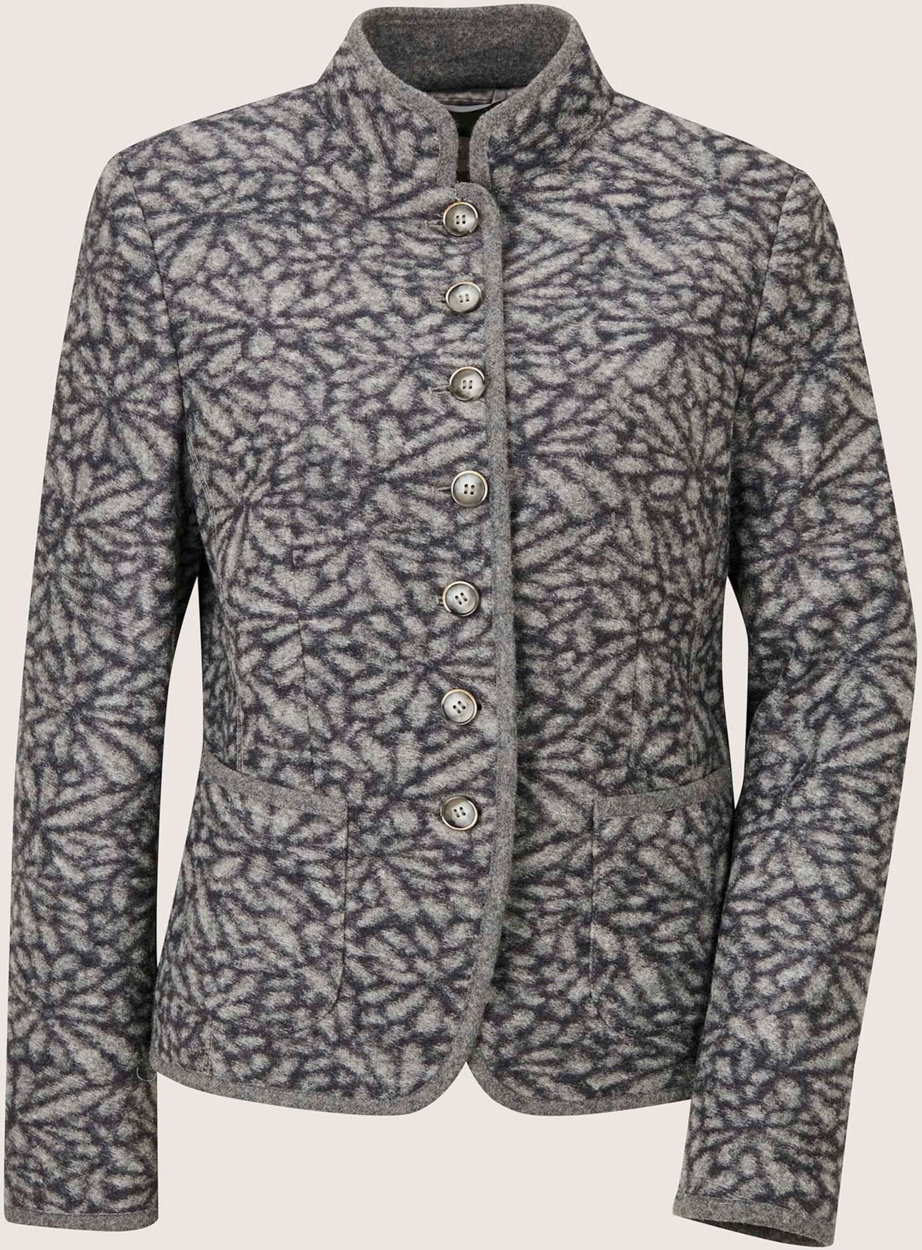 Kurzblazer MADELEINE "Kurzblazer Verkürzter Wollblazer mit Stehkragen, Taschen", Damen, Gr. 38, steingrau, bleigrau, Modern, normal, hoch geschlossener Ausschnitt, Blazer Kurzblazer, Stehkragen