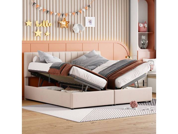 Lit adulte 180x200 cm - MODERNLUXE - Lit de rangement - Sommier à lattes - Beige