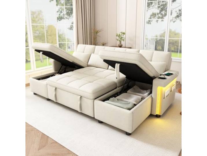 BTM U Form Schlafsofa mit 2 Stauraum Chaiselongues Beige LED-Beleuchtung, Verstellbare Rückenlehne, Getränkehalter, Seitentasche, Chenille