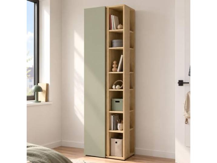 Jugendzimmer Schrank 55 cm breit in Grün mit Eiche, 1 Tür, 7 offene Fächer