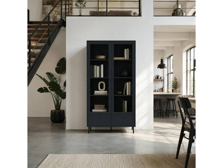 Bibliothèque Vitrine Bleu Sombre 2 Portes 1 Tiroir Raven