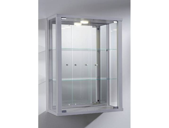 Hängevitrine mit ESG-Sicherheitsglas, Alu, mit LED-Beleuchtung und Spiegelrückwand