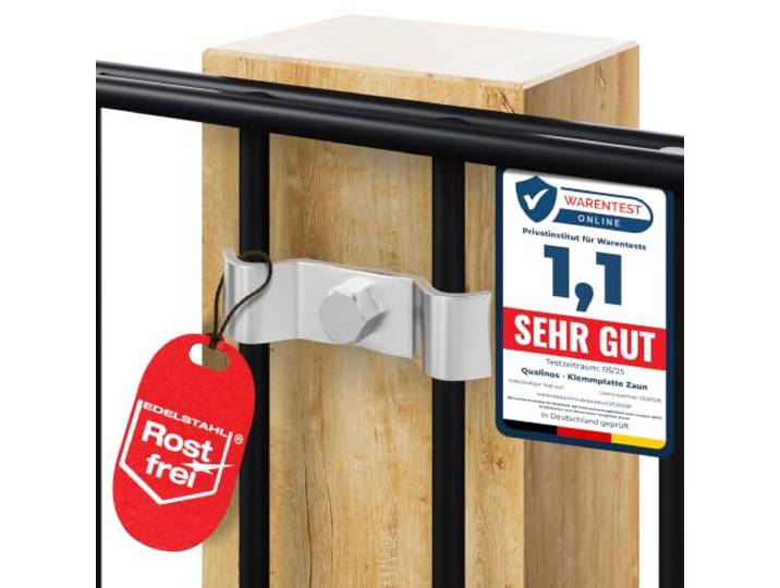 Qualinos 200x Spannbügel 50 mm Edelstahl V2A für Doppelstabmatten, Silber Doppelstabmattenzaun Befestigung am 50-mm-Raster, Loch Ø 9 mm für passende Schrauben an Wand, Holz- und Metallpfosten