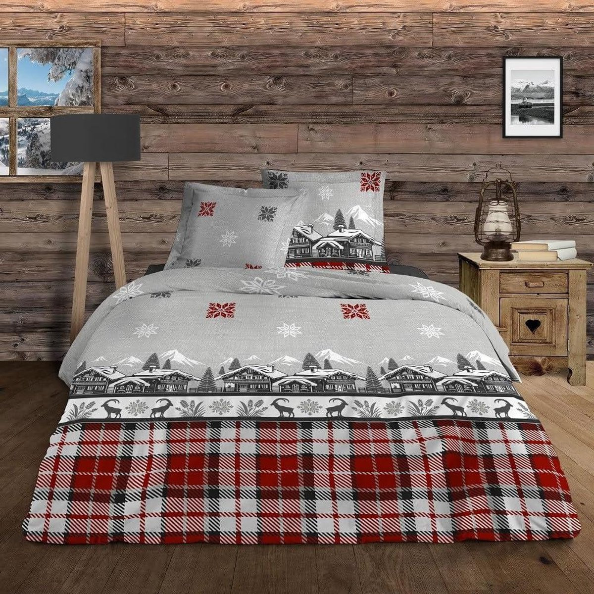 Dekbedovertrek Chalet met Alpenlandschap Design - Beddengoed Set - Rood Grijs Wit - 200 x 200 cm