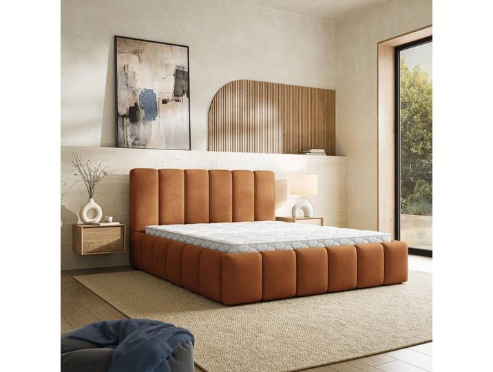 Masseno Polsterbett RANIS 140x200 cm, Polsterbett mit Bettkästen -Orange, MAGIC VELVET 2213