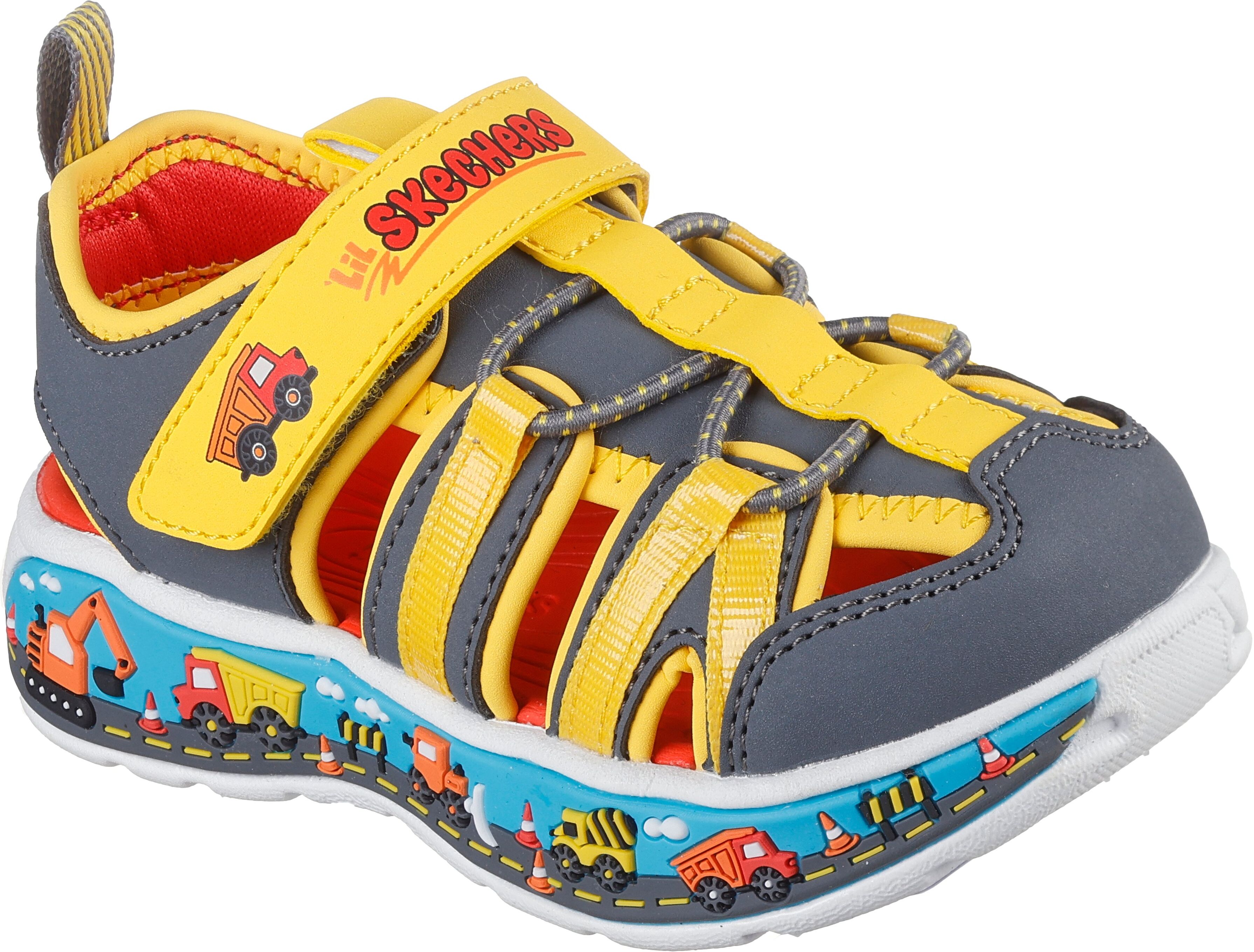 Sandale SKECHERS "PLAY SCENE SPLASH", Mädchen, Gr. 21, atmungsaktiv, gelb (dunkelgrau, gelb), Lederimitat, kontrastfarbene Details, Schuhe Sandale, Badeschuh mit bunter Sohle, Grössenschablone zum Download dunkelgrau, gelb 21, atmungsaktiv