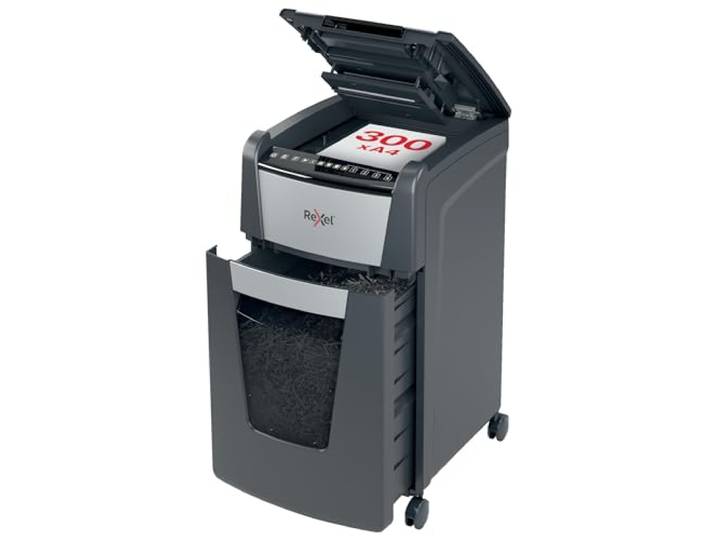 Rexel Optimum Autofeed+ Automatische Micro Papierversnipperaar, Doorvoercapaciteit Van 300 Vellen, Veiligheidsniveau P-5, Voor Voor Thuis/Thuiskantoor, Uitschuifbare Opvangbak Van 60 Liter