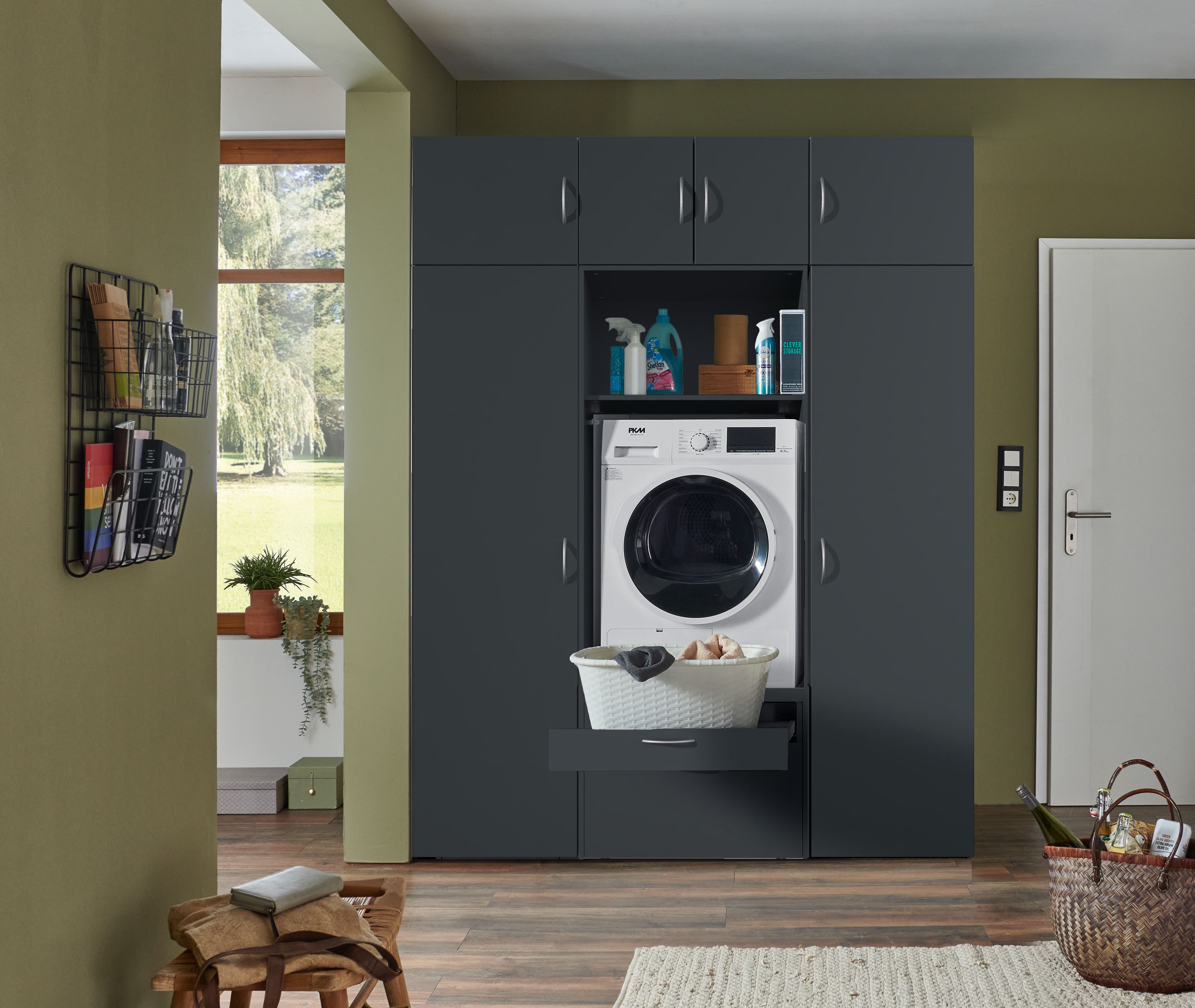 Mehrzweckschrank WIMEX "Multiraumkonzept, praktische Waschmaschinenlösung, Breite: 170cm", schwarz (grafit), B:170cm H:225cm T:69cm, Schränke, Mehrzweckschrank, erhältlich in den Farben grafit oder weiss grafit Grafit, B/H/T: 170cm x 225cm x 69cm