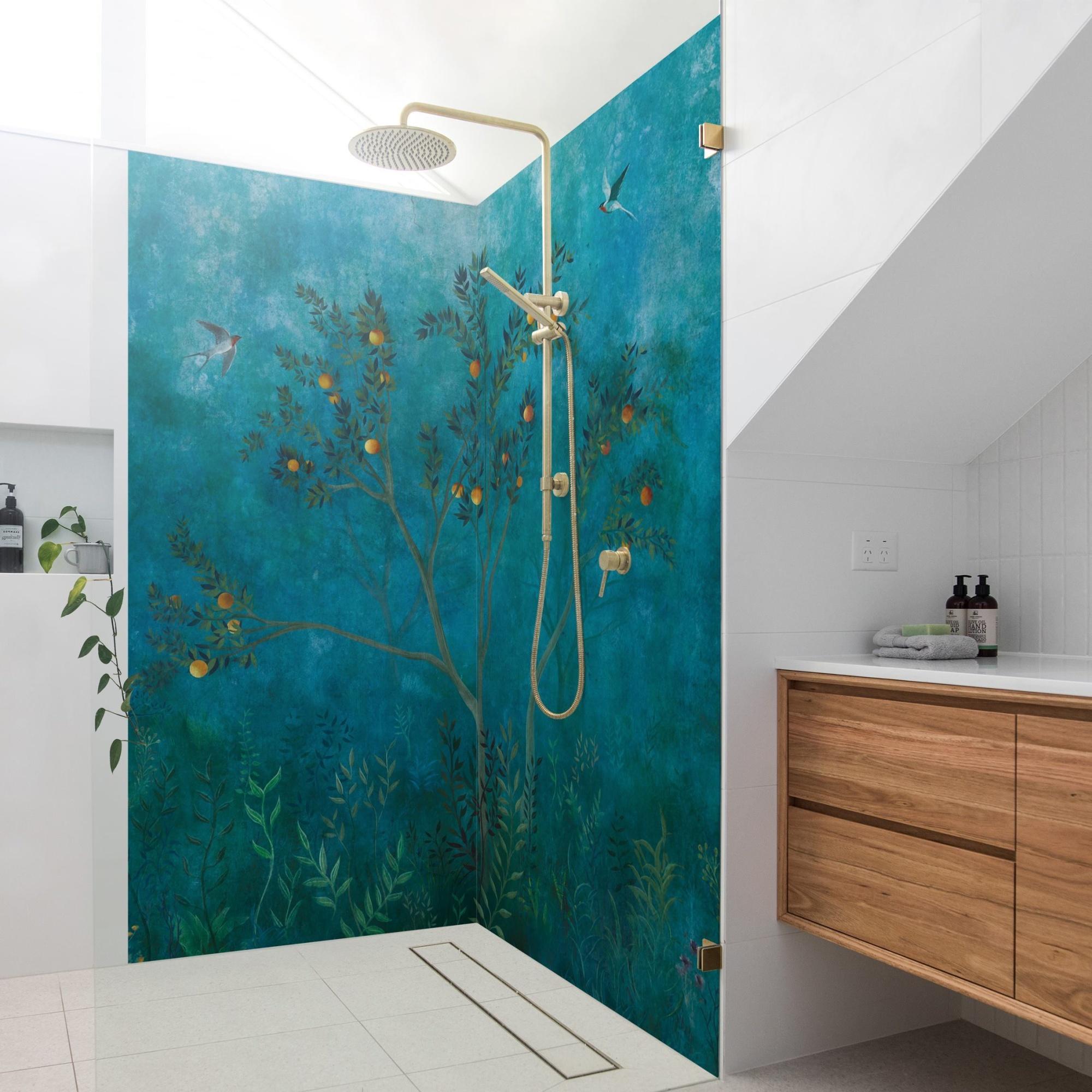 Duschrückwand Wald selbstklebend - 0.61 mm Wandpaneel wasserfest Vogel blau Tropisch Badrückwand fugenlos Premium matt 100x210 cm