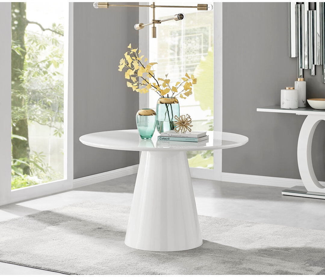 Canora Grey Edzard Statement Pedestal Round Dining Table - Luxury Modern Design White Gloss Top/White Base