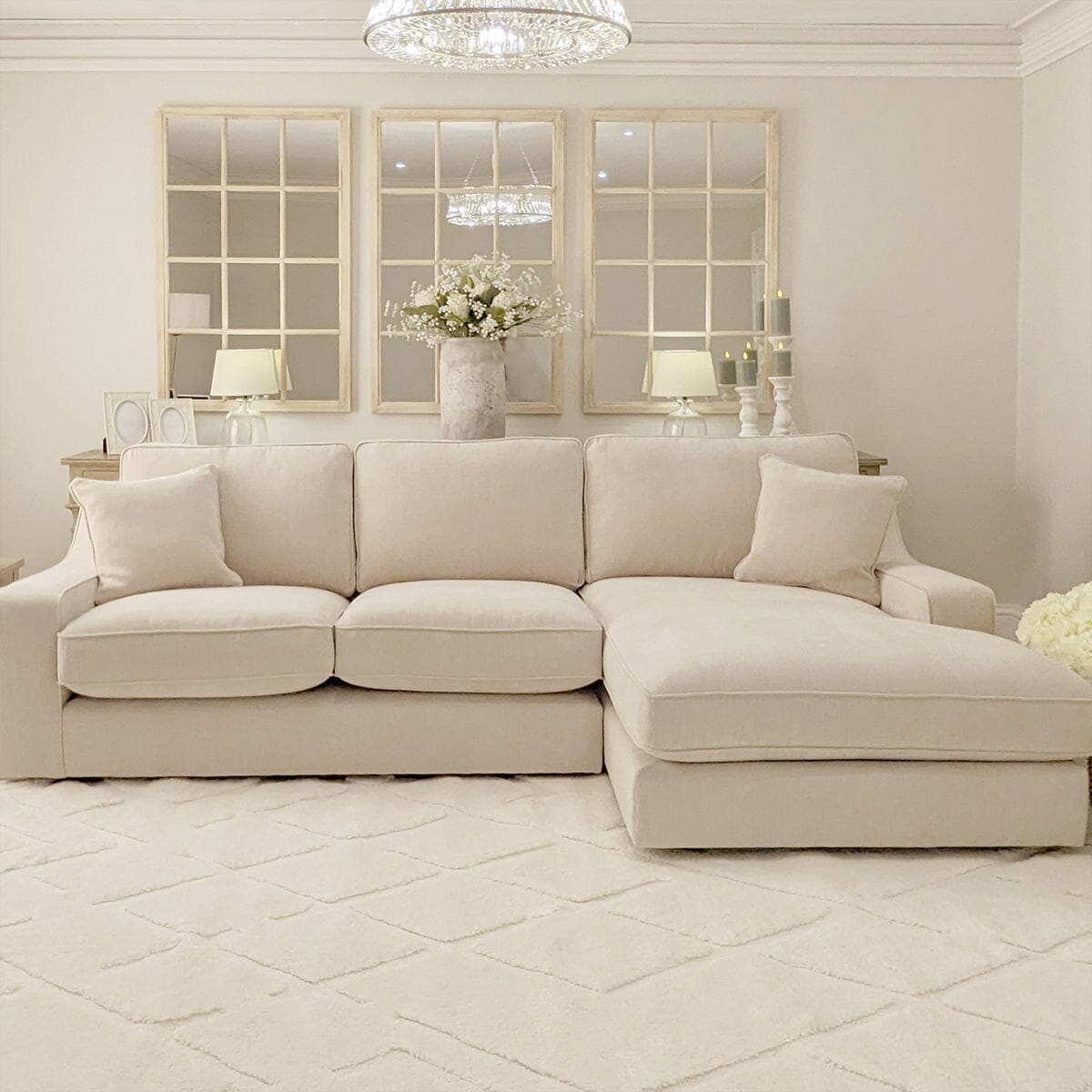 Victoria Beige Textured Medium Chaise End Sofa - Right Hand Facing, Standard Back